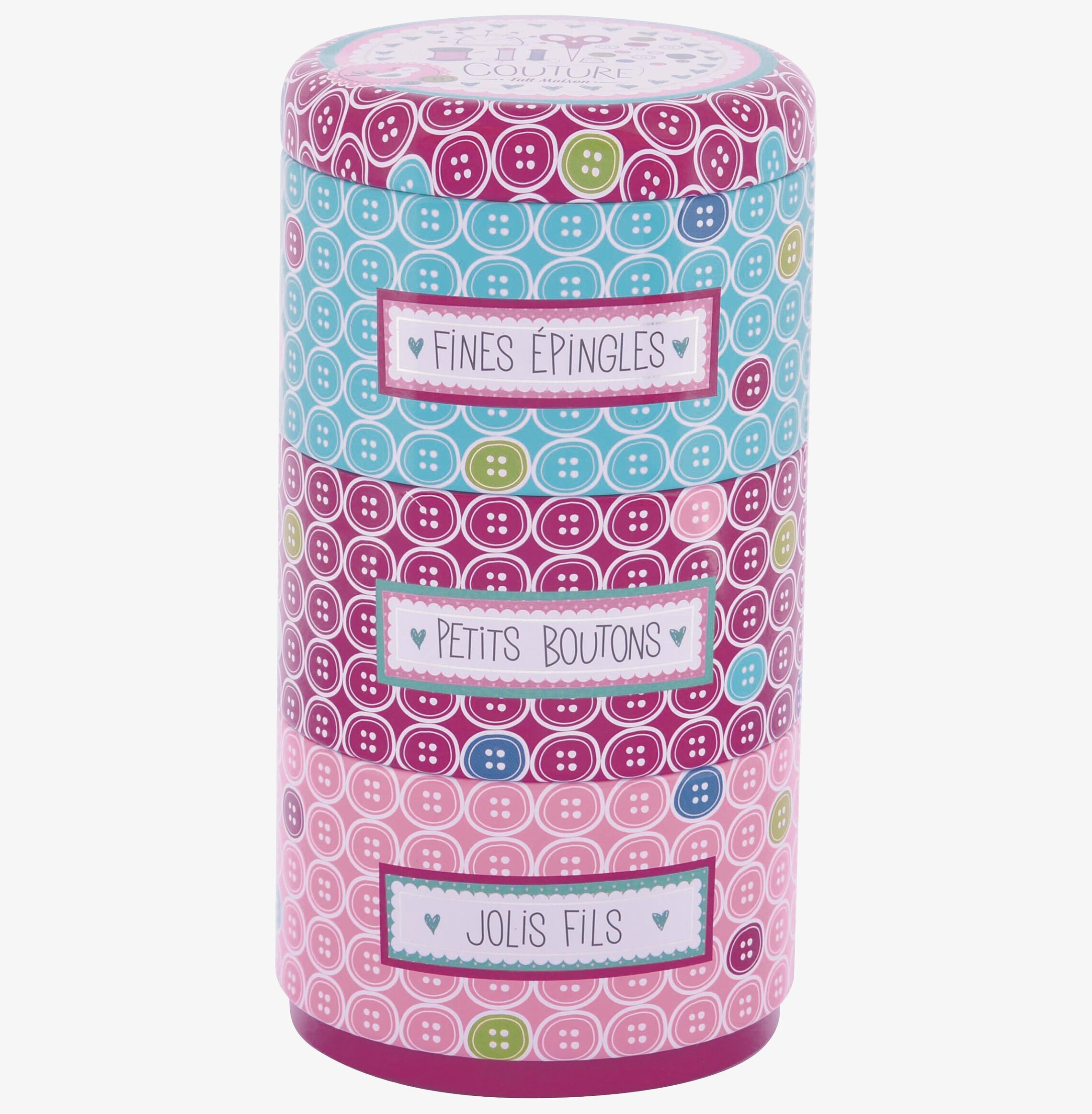 Bild av färgglad plåtburk för sysaker i tre sektioner