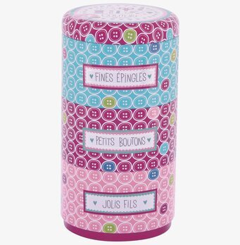 Bild av färgglad plåtburk för sysaker i tre sektioner