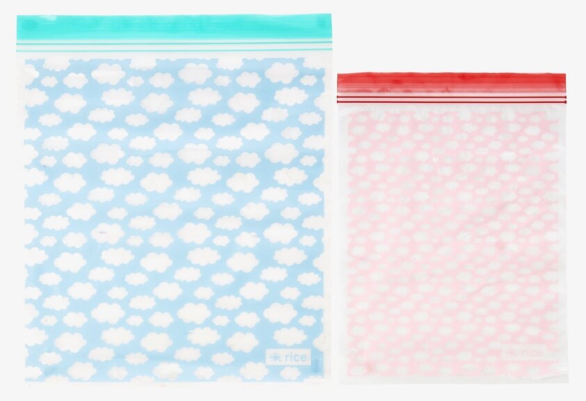 Plastpåsar Ziplock Cloud från Rice, blå och rosa med moln