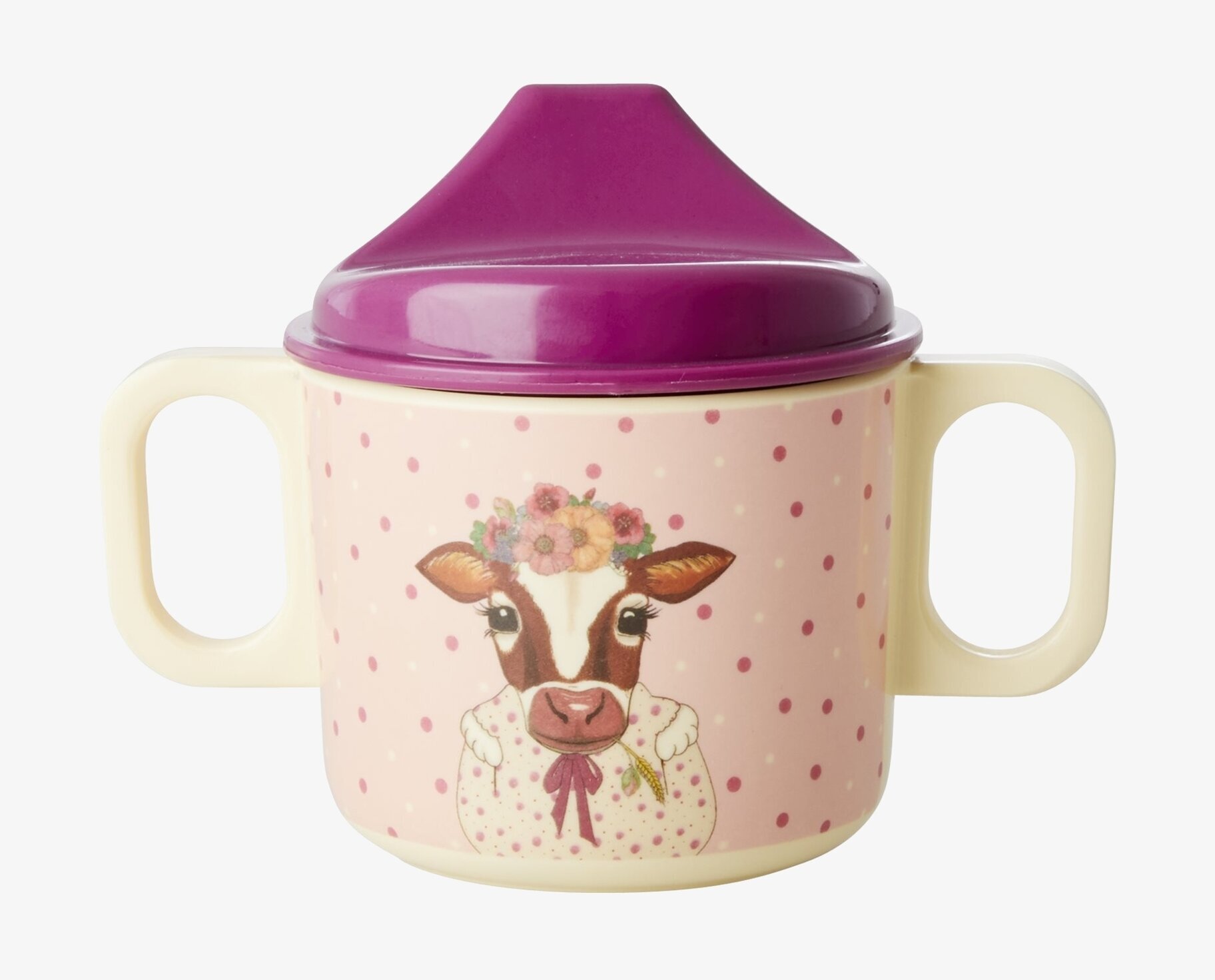 Babykopp Farm Animals Print Pink från Rice med ko och handtag