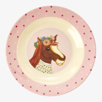 Djup Tallrik Farm Animals Print Pink från Rice med hästmotiv