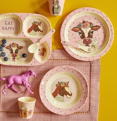 Djup Tallrik Farm Animals Print Pink från Rice med gårdsdjur