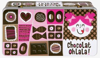 Bild av färgglad plåtburk med chokladtema för köket