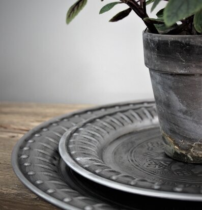 Bild av elegant metallbricka med grön växt i kruka