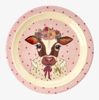 Tallrik Farm Animals Print Pink från Rice med ko och prickar