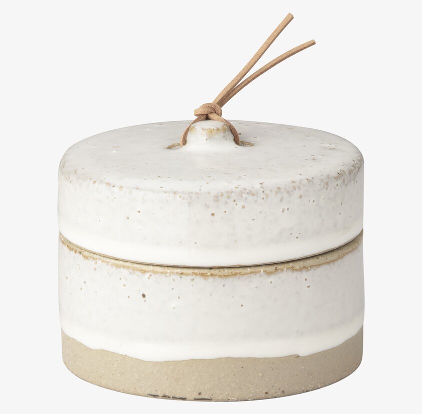 Förvaringsask Stengods Hög från Ernst med läderrem och lock