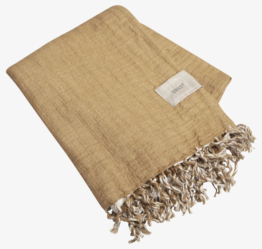 Bomullspläd Saffran från Ernst med fransar och etikett