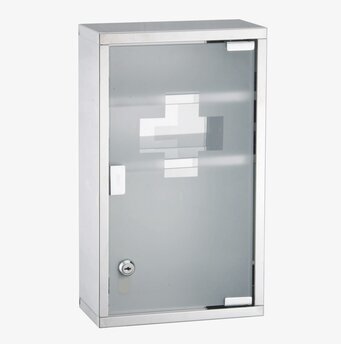 Bild av elegant medicinskåp i rostfritt stål och glas