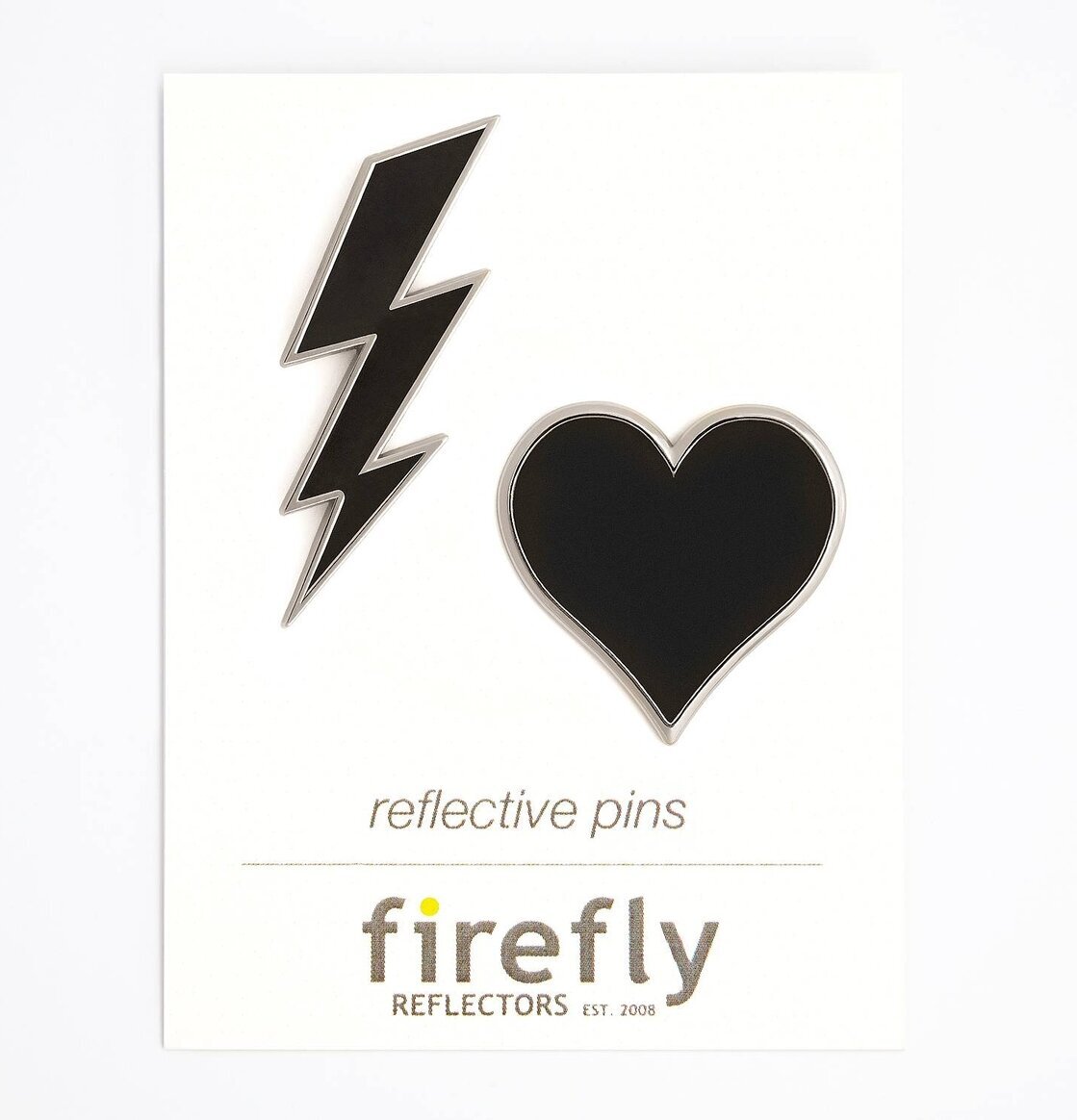 Reflex Pins Silver från Firefly, blixt och hjärta, på kort