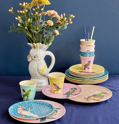 Mugg Vintage Bird Print Yellow Nougat Pink Green Blue Tallrik Soft print Assiett Rice Melaminmuggar Lattemuggar