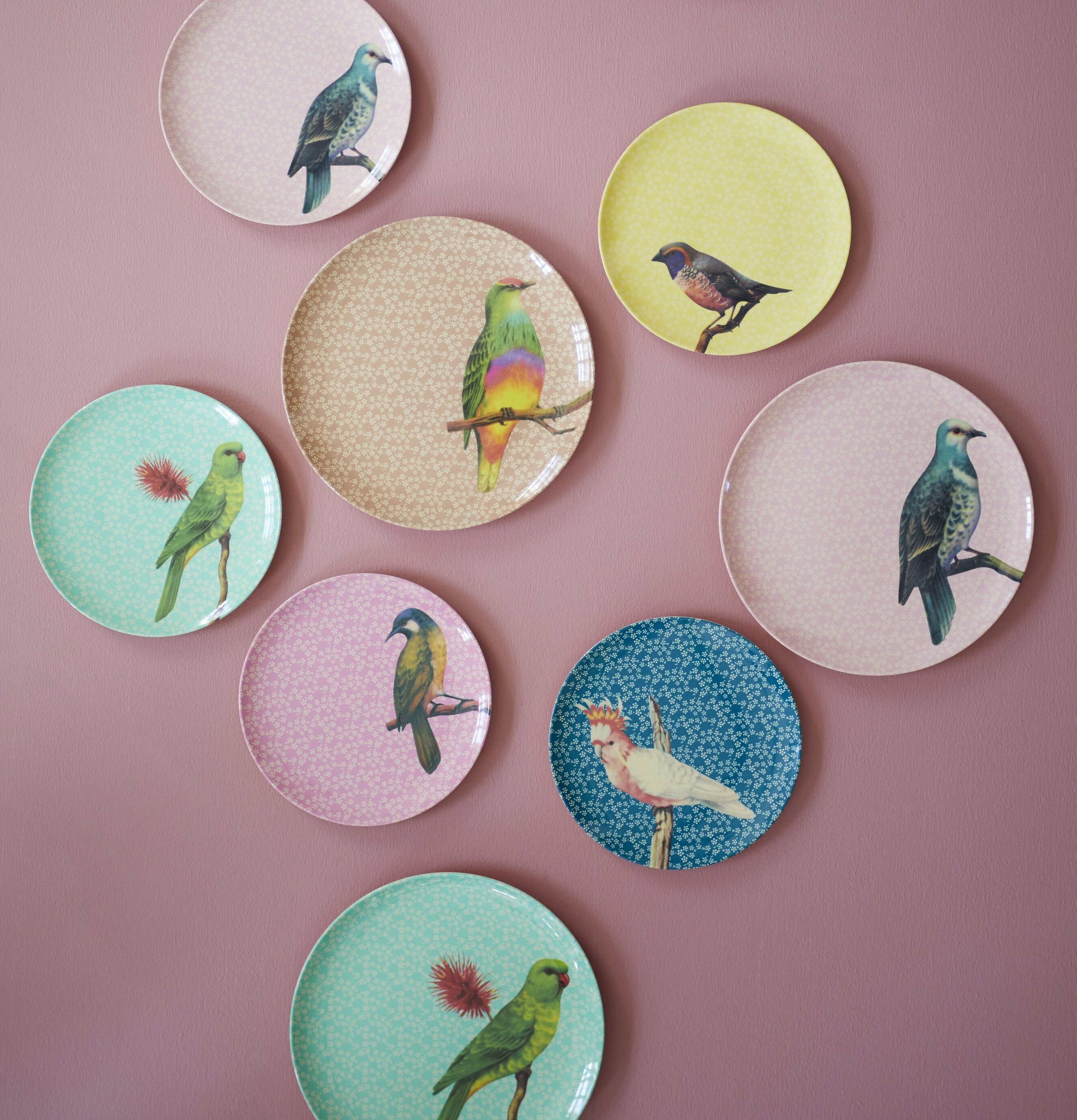 Tallrik Vintage Bird Print Blue från Rice på rosa vägg