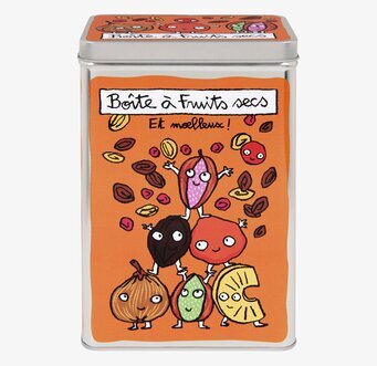 Bild av färgglad plåtburk med fruktillustrationer