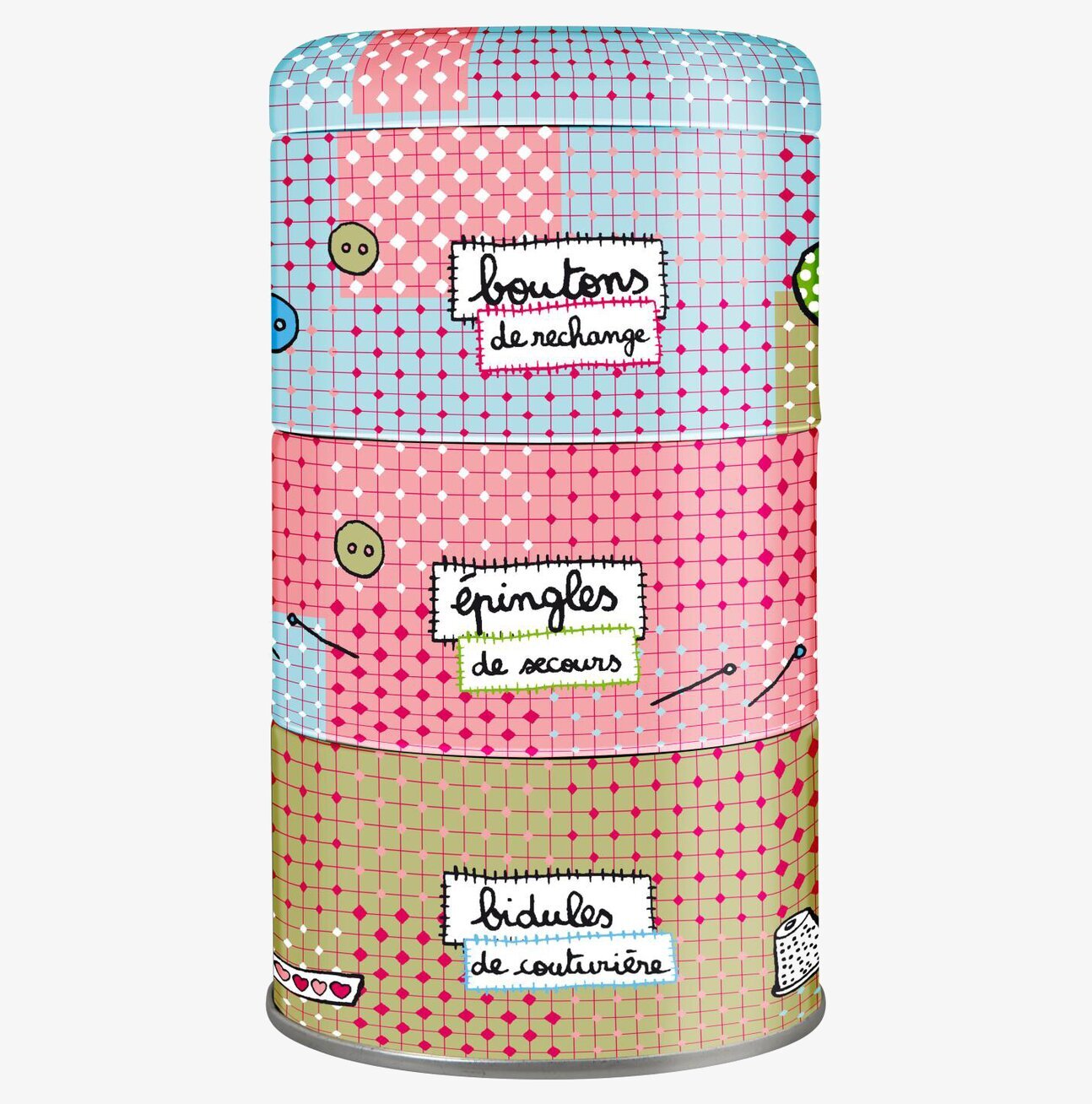 Bild av färgglad plåtburk för syförvaring och dekoration