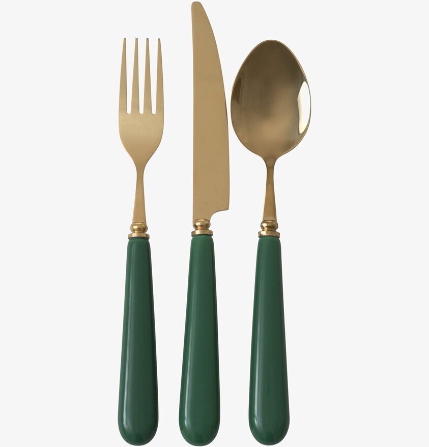 Mässingsbestick Mörkgrön från Rice på avskalad vit bakgrund