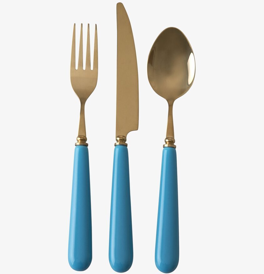 Mässingsbestick Blå från Rice, gaffel, kniv och sked