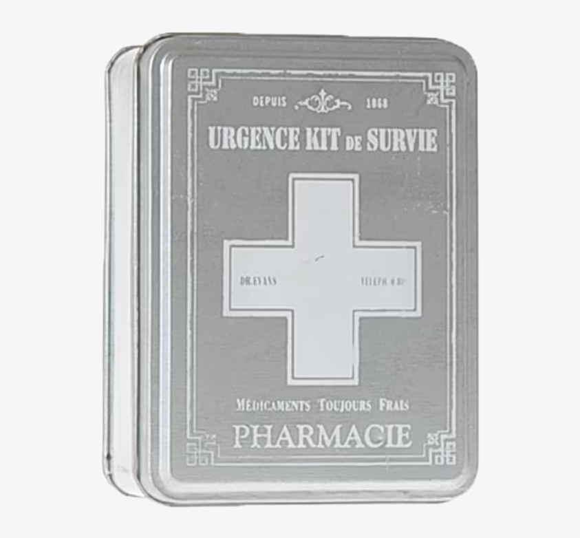 Box Pharmacie liten från By ON, ljusgrå plåtlåda med vitt kors