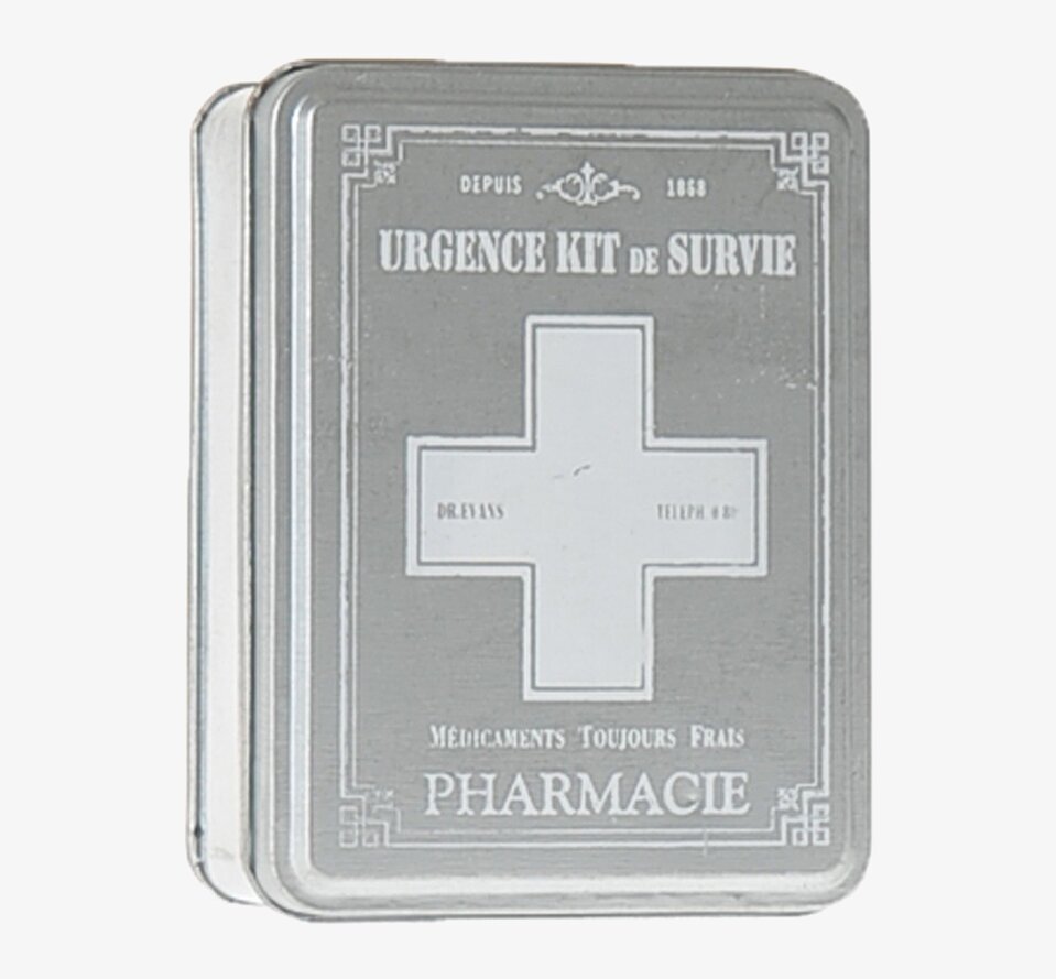 Box Pharmacie liten från By ON, ljusgrå plåtlåda med vitt kors