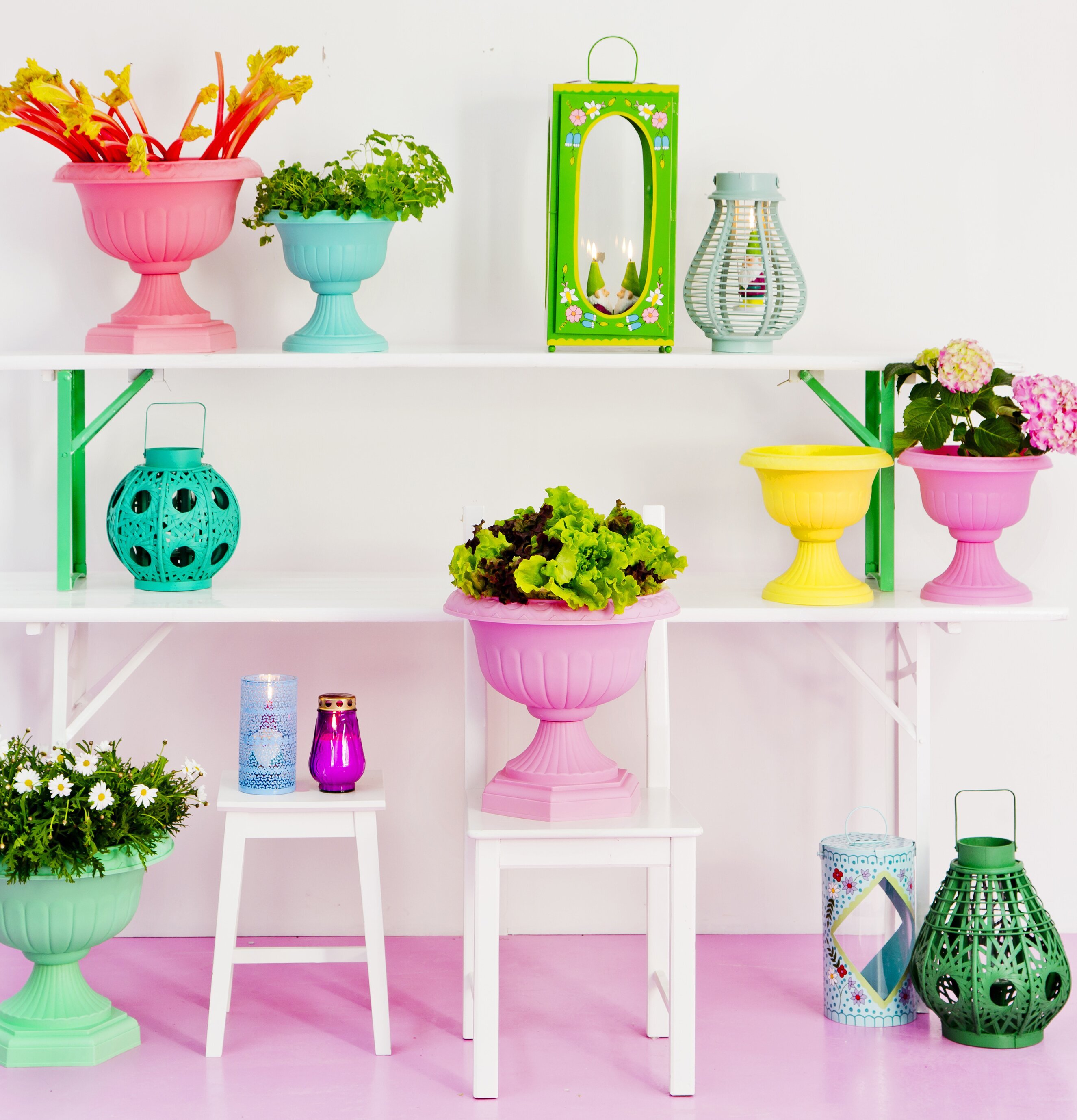 Ljuslykta Grön från Rice omgiven av färgglada blomkrukor