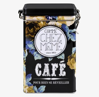 Bild av elegant svart plåtburk med blommönster