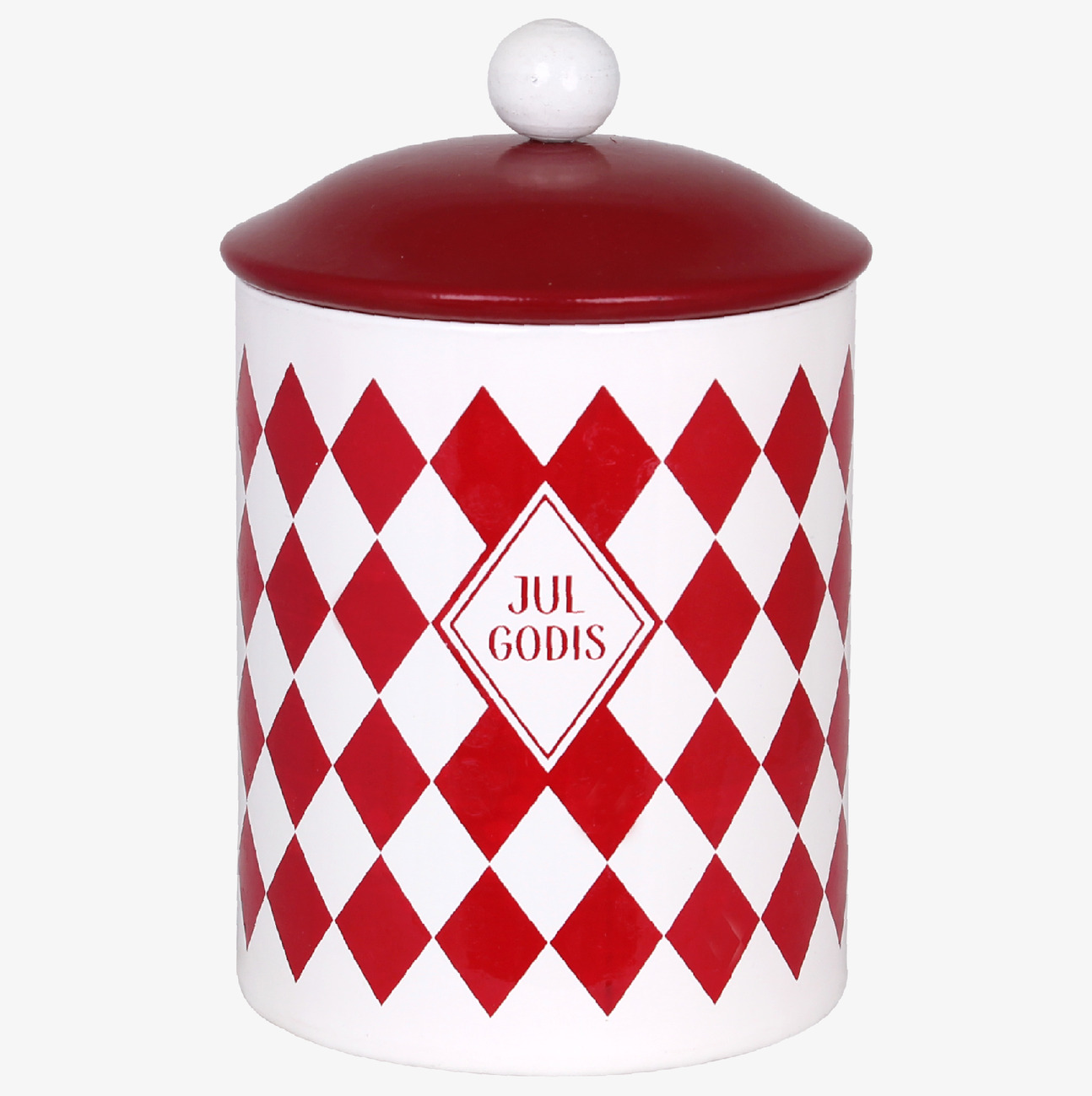 Plåtburk Julgodis från Strömshaga med rött harlekinmönster