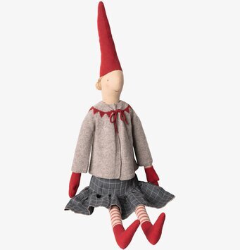 Mega Pixy Helen från Maileg med röd tomteluva och kjol