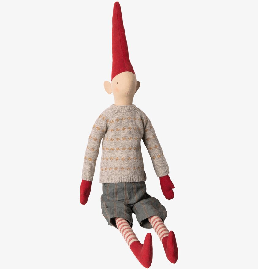 Mega Pixy Hopper från Maileg i röd mössa och grå tröja