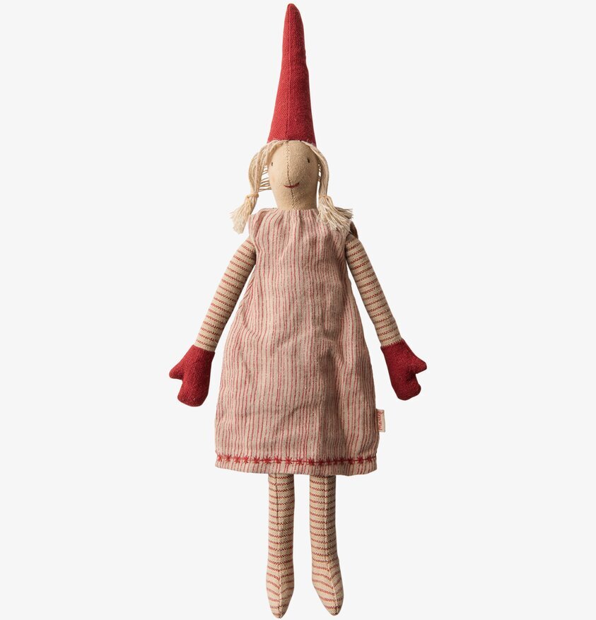 Tomtenissa Mini Pixy från Maileg med röd luva och flätor