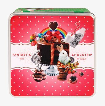 Metallask Fyra franska från Derriére la porte med chokladmotiv