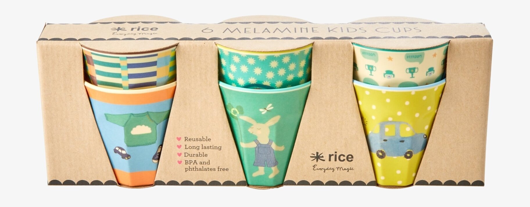 Rice Små Muggar Green Bunny Print, sex melaminmuggar för barn