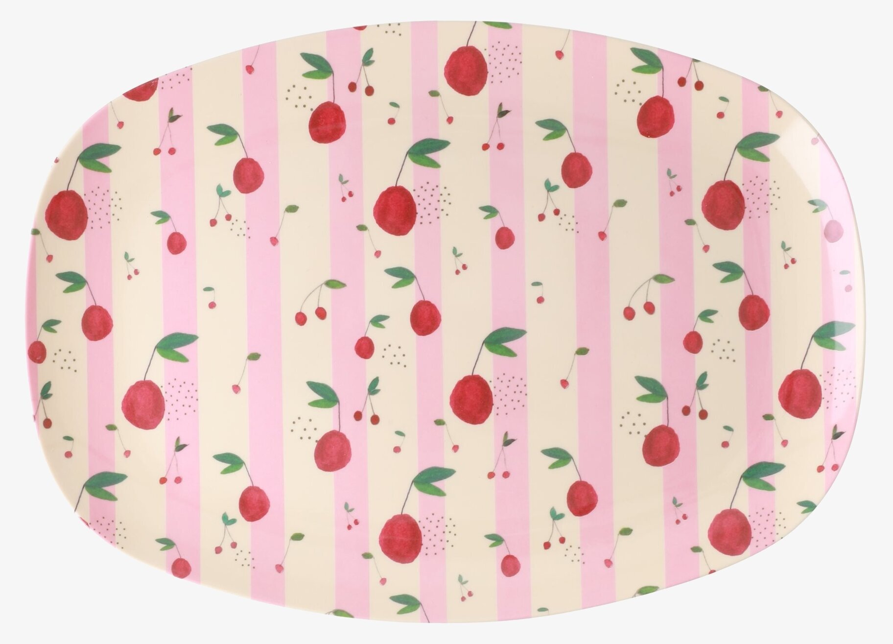 Tallrik Cherry Print från Rice med körsbärsmotiv och rosa ränder