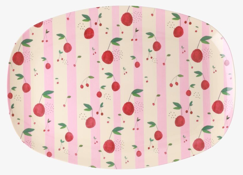 Tallrik Cherry Print från Rice med körsbärsmotiv och rosa ränder
