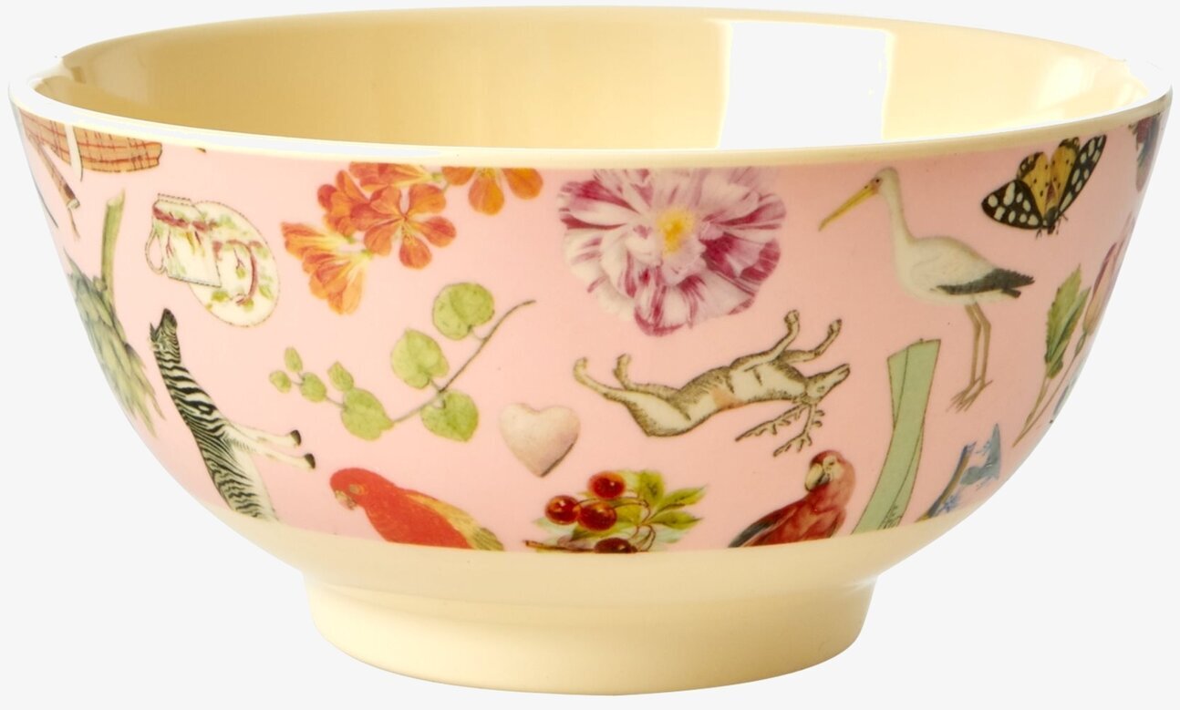 Skål Pink Art Print från Rice med färgglada motiv och djur