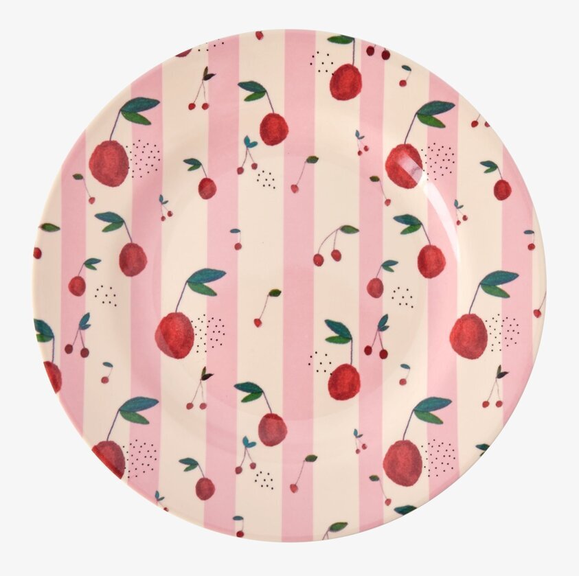 Assiett Cherry Print från Rice med körsbärsmotiv och ränder