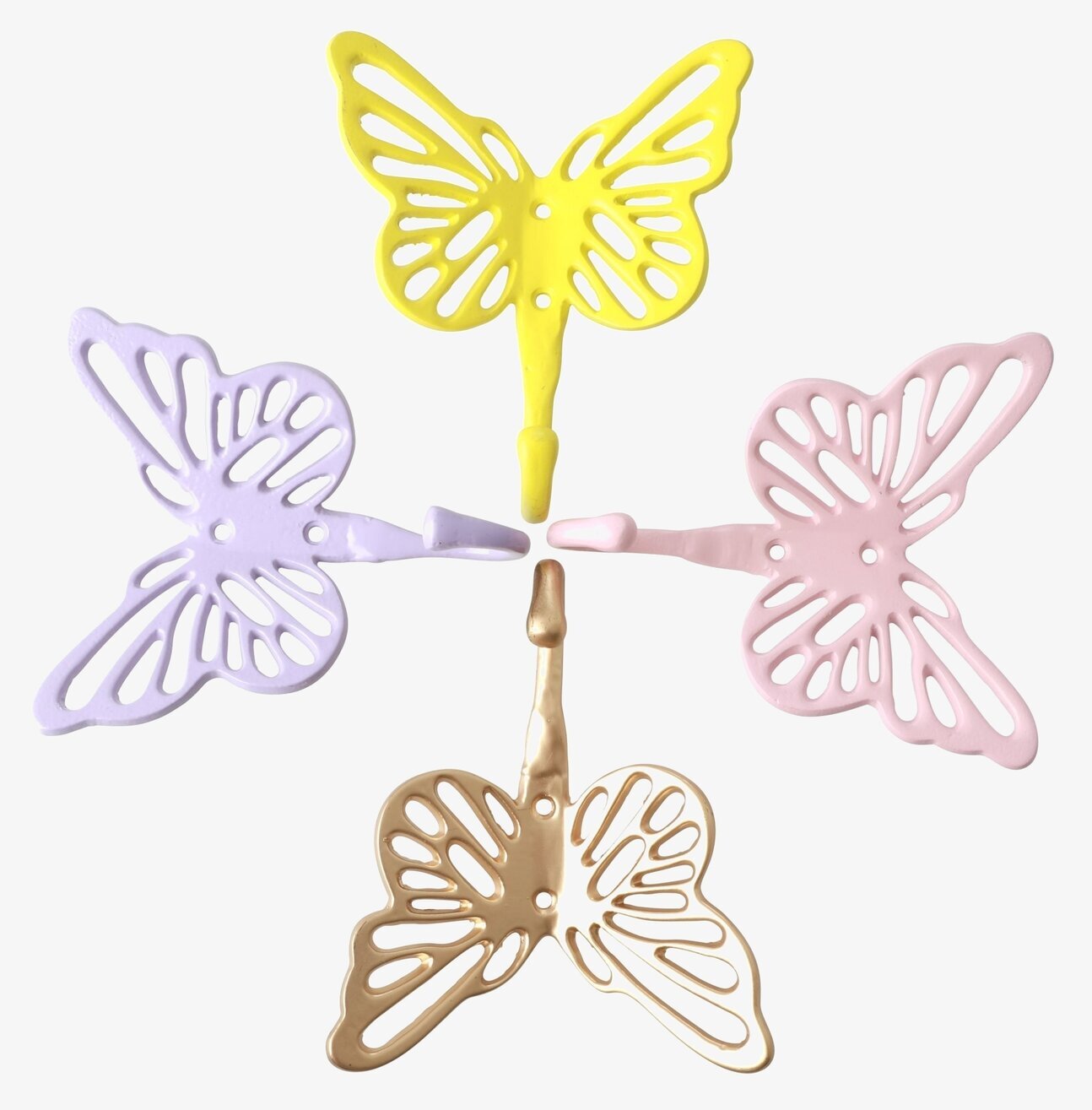 Väggkrok Fjäril från Rice i fyra färger på vit bakgrund