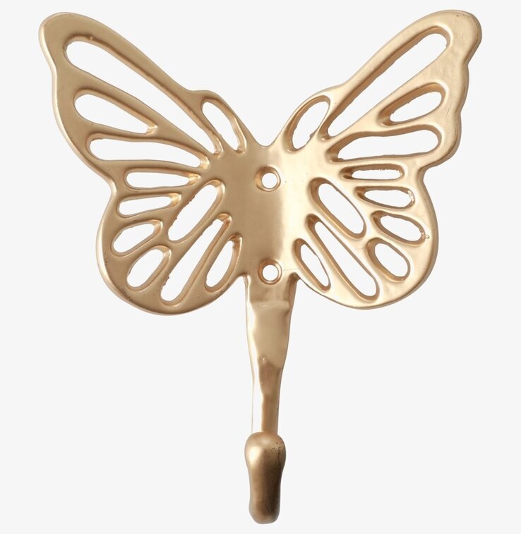 Väggkrok Fjäril från Rice i guldfinish på vit bakgrund
