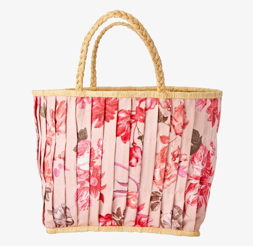 Väska Rose Print Large från Rice med rosentryck och halmhandtag