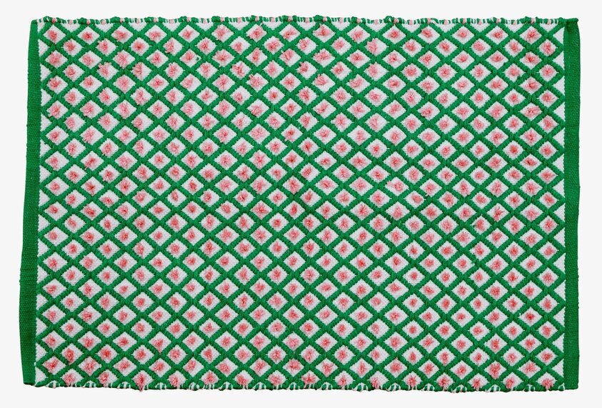 Matta Harlequin Rice från Rice med grönt, rosa och vitt mönster