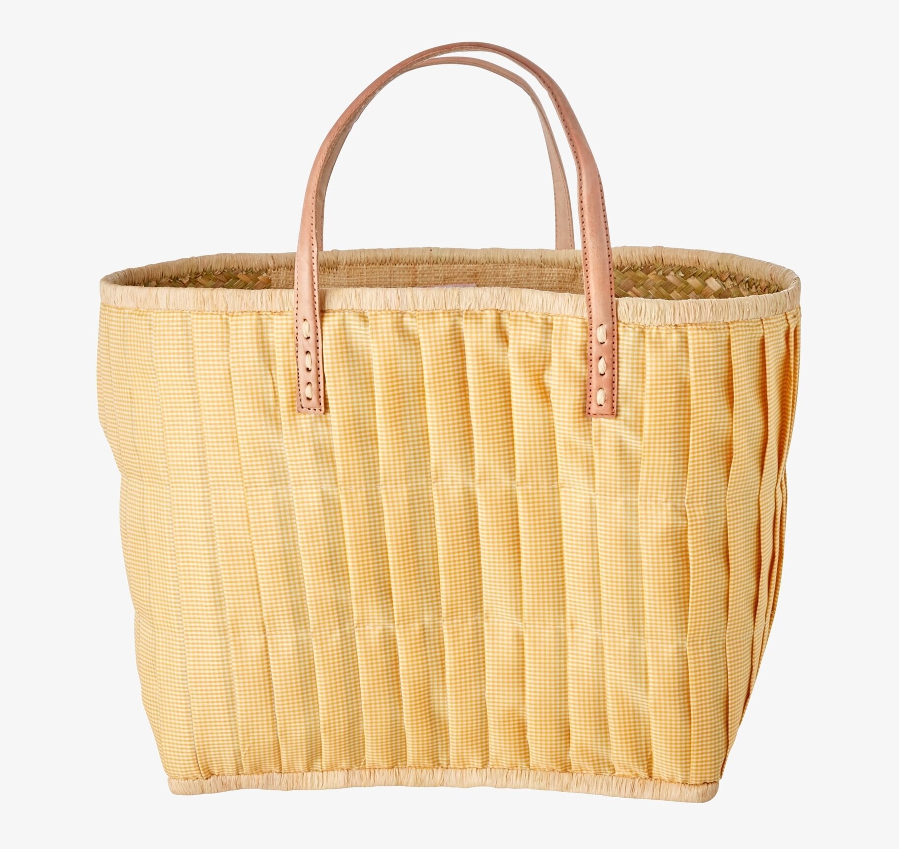 Väska Check Raffia L från Rice i gult och vitt rutmönster