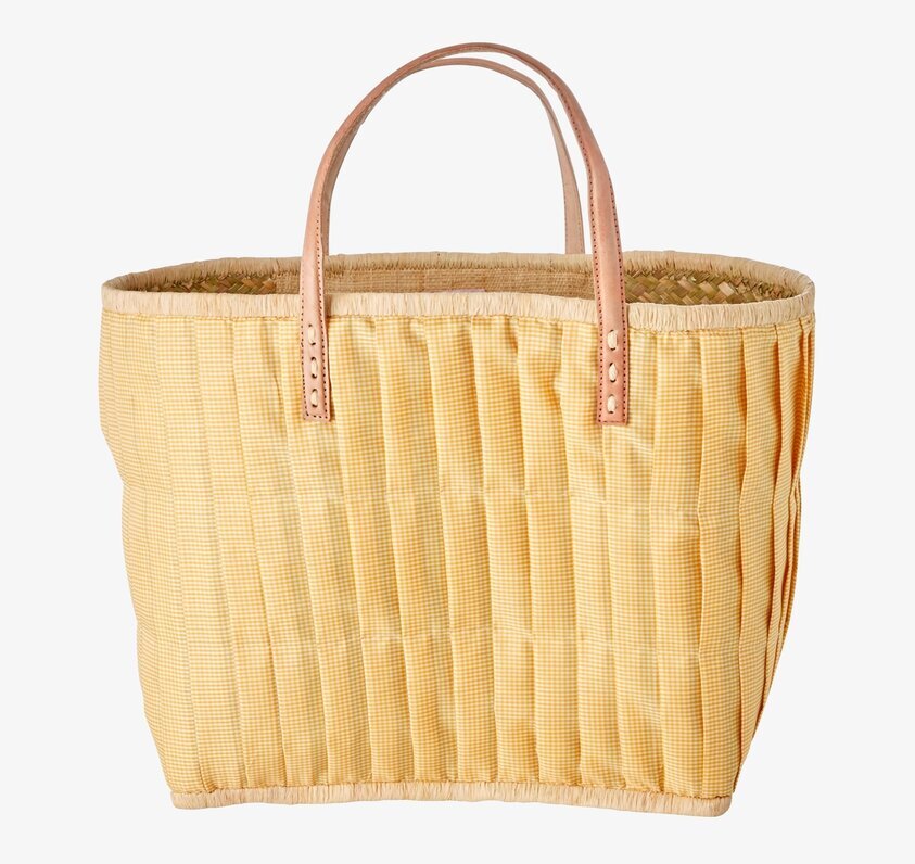 Väska Check Raffia L från Rice i gult och vitt rutmönster