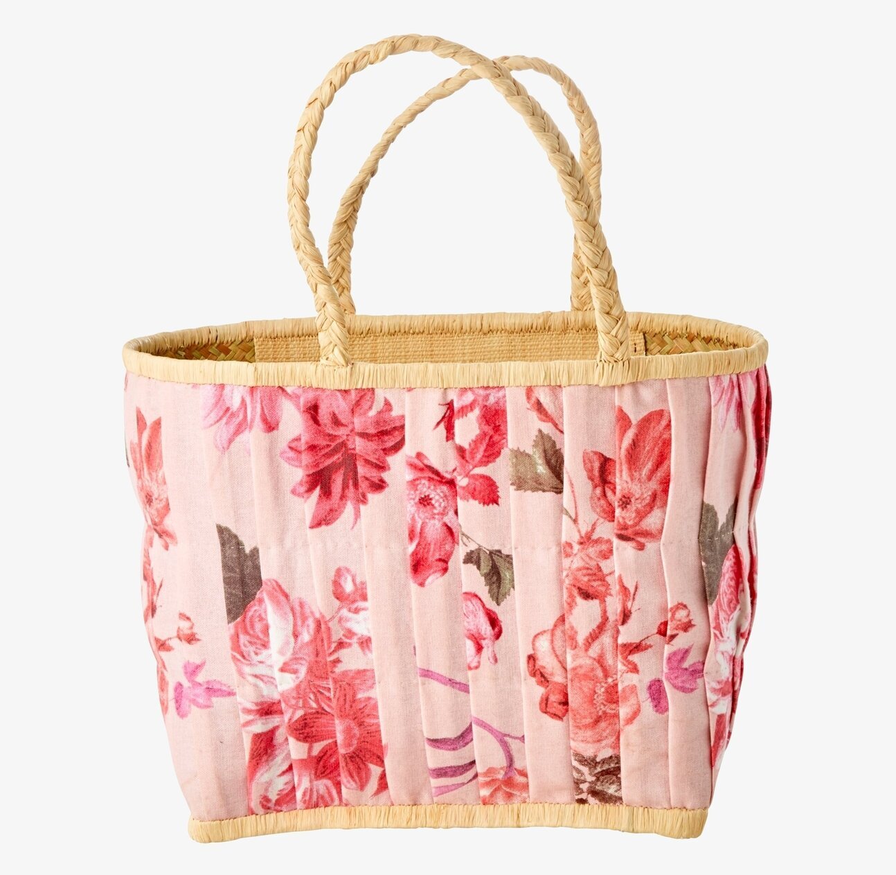 Väska Rose Print Medium från Rice med blommönster och halmhandtag
