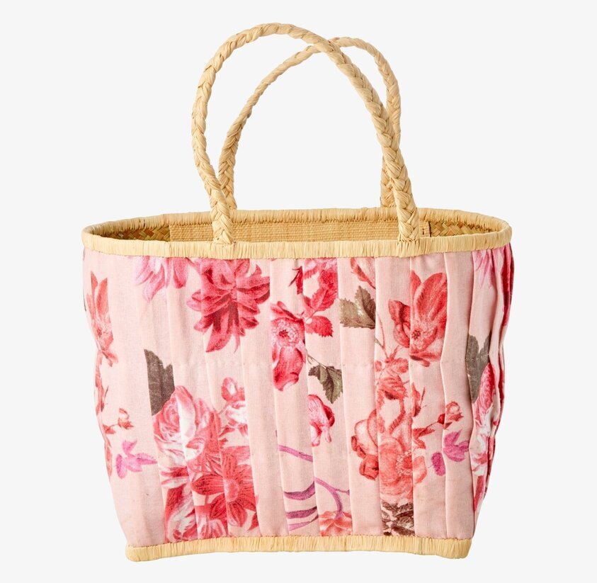 Väska Rose Print Medium från Rice med blommönster och halmhandtag