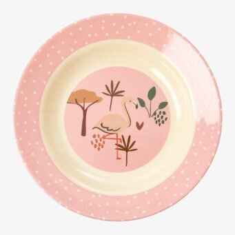 Djup Tallrik Pink Jungle Animals Print från Rice med flamingo