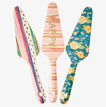 Tre färgglada tårtspadar från Rice med olika mönster