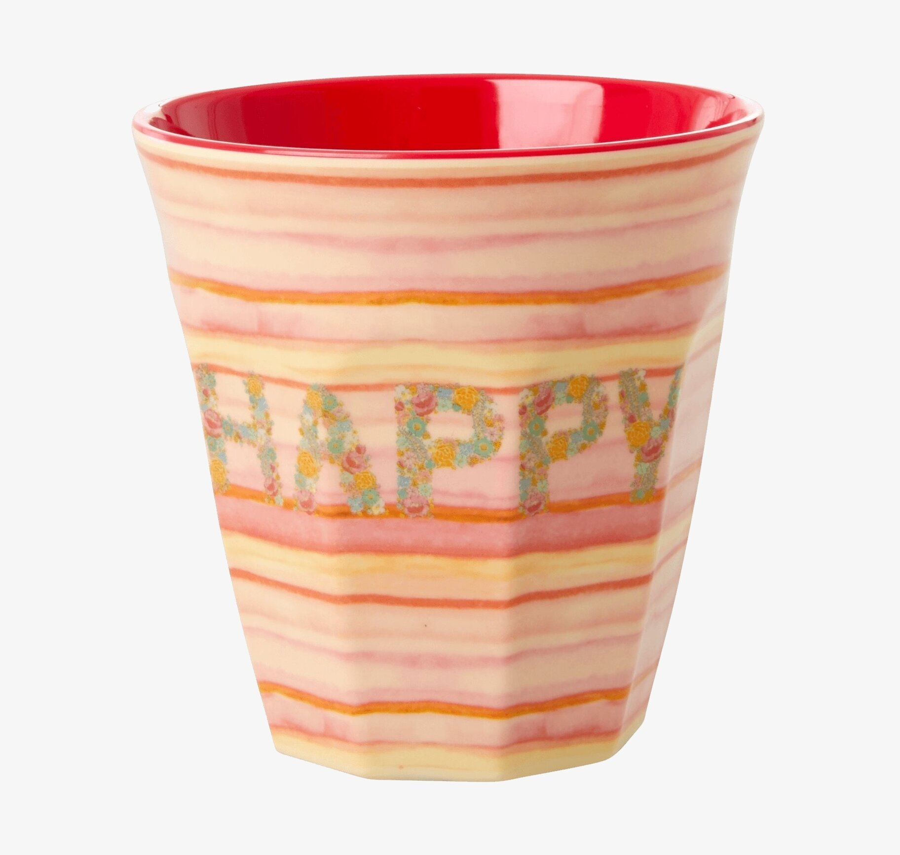 Mugg Happy Pink Print från Rice med färgglada ränder och text