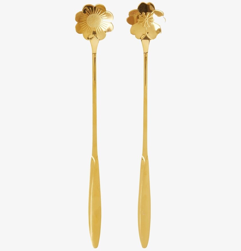 Lång Sked Gold Flower från Rice med gyllene blommönster