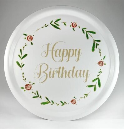Bricka Happy Birthday från Mellow Design med blommor och text