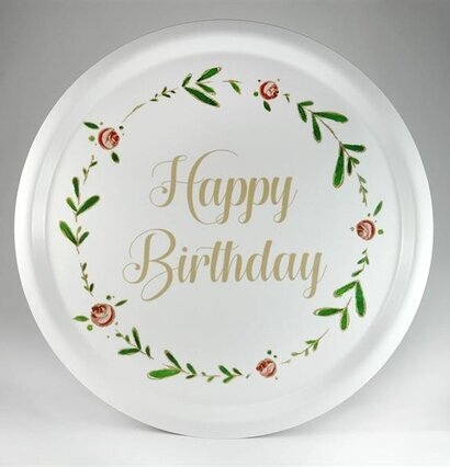 Bricka Happy Birthday från Mellow Design med blommor och text
