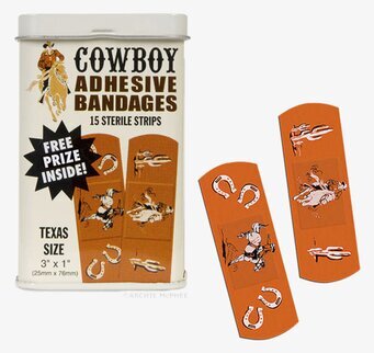 Plåster Cowboys från Accoutrements i en metallask med motiv