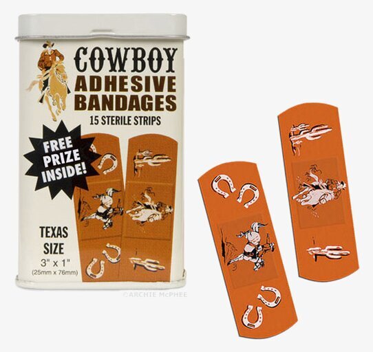 Plåster Cowboys från Accoutrements i en metallask med motiv