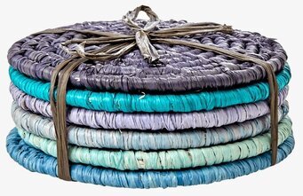 Glasunderlägg Raffia Blå/Grön från Rice, sju stycken